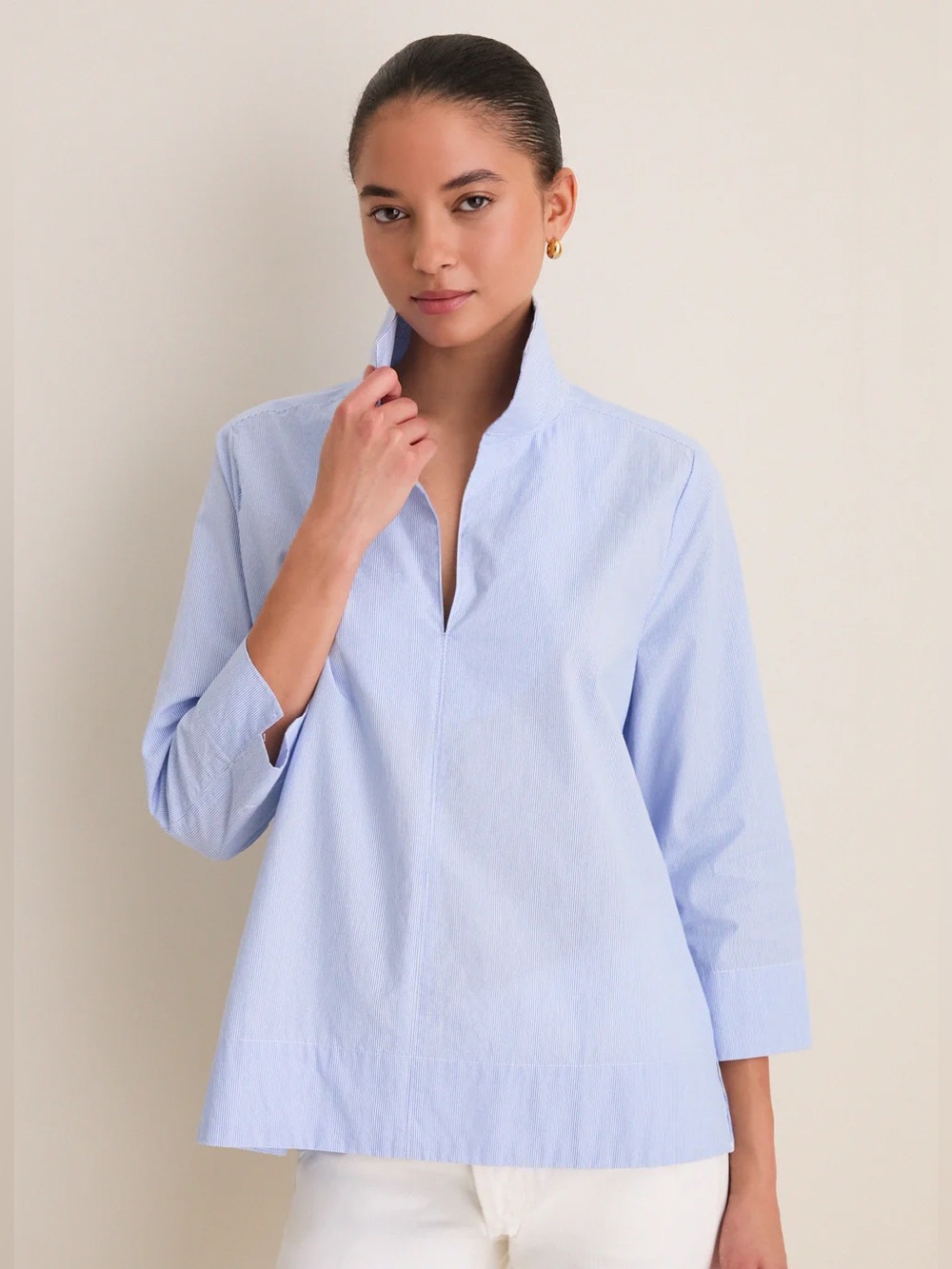 Tuckernuck Blue Margot Stand Collar Blouse Blue Pinstripe Sz Large Quiet Luxury